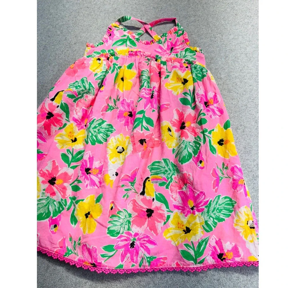Tommy Bahama Tropical Floral Sundress Size 4 Pink Toucan Parrot Crochet Trim
